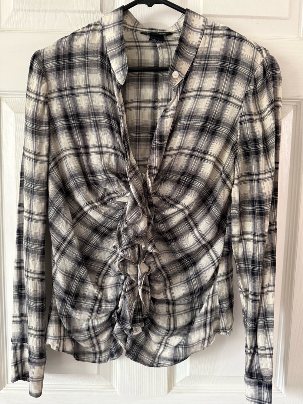 Black & White Plaid Zip Front With Ruffle Detail Top